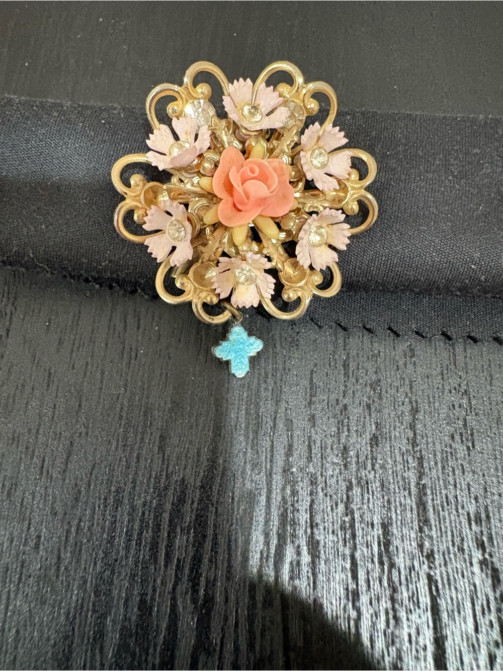 Vintage-Inspired Gold Floral Brooch with Coral Rose and Pink Accents